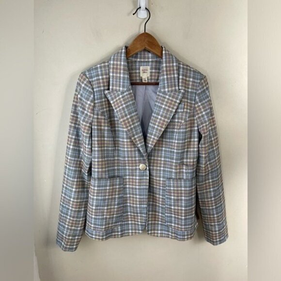 AUTRES FILLES blue/yellow Plaid unstructured gold hardware Blazer Jacket Size M - Picture 1 of 13